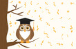 Owl in graduation cap sitting on branch of tree on  background of confetti. Vector illustration.