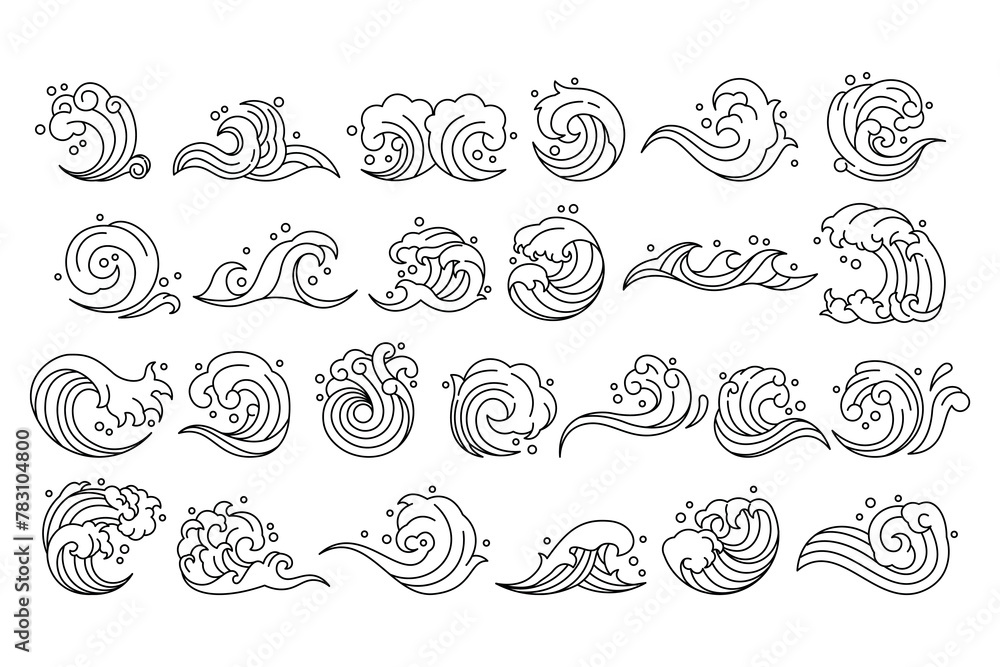 Japanese Wave Esign Wave Japanese. Ocean icon, pictogram Chinese sea linear style Hokusai ...