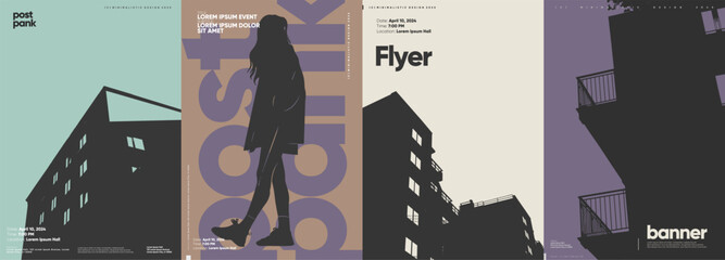 Wall Mural - minimalistic vector posters with strong geometric elements and silhouetted figures against urban bac