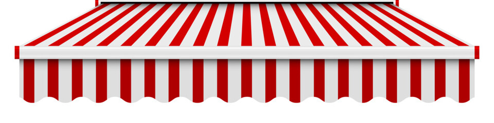 Wall Mural - Shop awning tent. Cafe sunshade, store canopy, striped roof with red and white stripes. 3D realistic vector illustration isolated on white.