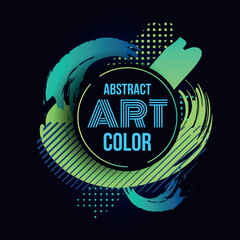 Abstract art poster. Social media post. Green and blue Half dots and paint drops isolated on black background. Bright smears emblem and label. Brushstrokes and stains. Vector illustration template