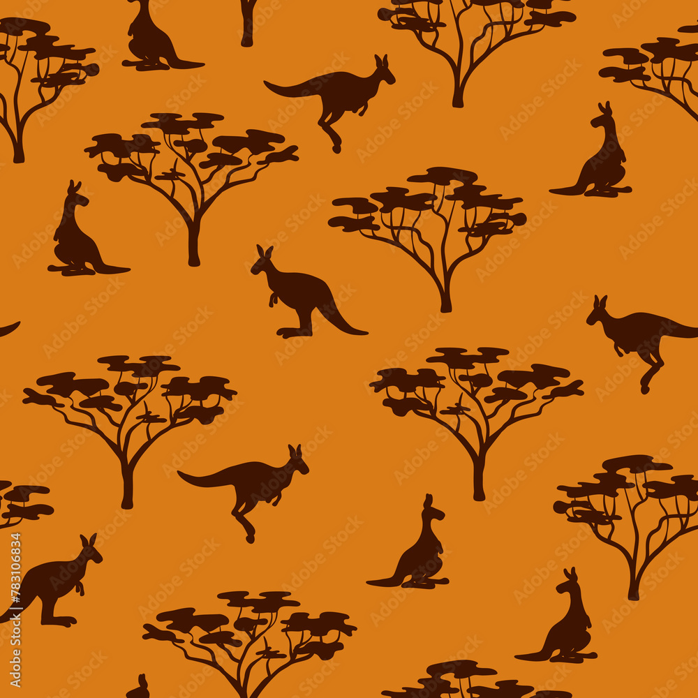 Seamless australian pattern with kangaroo and tree silhouettes. Vector ...
