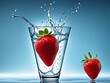 Eine Erdbeere fällt ins Wasser - KI generierte Illustration - Nahaufnahme