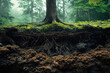 diagram of underground root system of old tree growing in forest in summer in soil section
