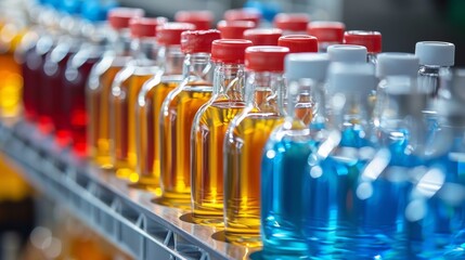 Poster - A row of bottles with different colored liquids on a shelf, AI