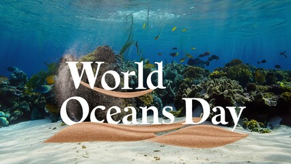 Wall Mural - June 8, World oceans day, with underwater ocean, dolphin, shark, coral, sea plants, stingray and turtle