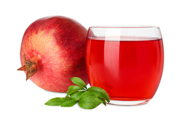 Refreshing pomegranate juice in glass, leaves and fruit isolated on white