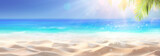 Fototapeta Kwiaty - Tropical Sand With Blue Sea And Palm Leaves - Beach Summer Defocused Background With Glittering Of Sunlights