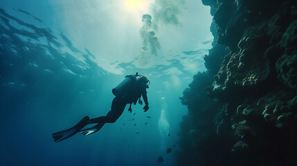 A man is scuba diving in the ocean. The water is clear and the sun is shining brightly