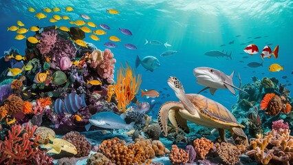 Wall Mural - June 8, World oceans day, with underwater ocean, dolphin, shark, coral, sea plants, stingray and turtle