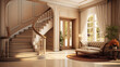 Luxury interior design of modern entrance hall with door and staircase in villa. Generative AI