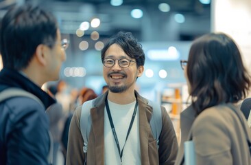 scene of friends in Asian business casual attire enjoying each other's company at an exhibition booth, their laughter echoing the bonds of friendship.