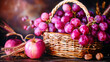 Rustic Autumn Harvest Composition with Purple Grapes, Apple, and Walnuts in a Wicker Basket - Still Life for Seasonal Decor