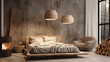 Natural log lampshade near bed. Rustic interior design of modern bedroom. Generative AI