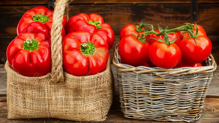 Wall Mural - Two baskets of red tomatoes and peppers sit on a wooden table