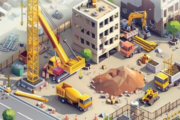 Isometric illustration of a construction site with cranes, trucks and equipment