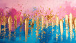 Abstract Dripping Paint Canvas in Pink and Blue with Dynamic Gold Splatter - Artistic Backdrop for Creative Endeavors