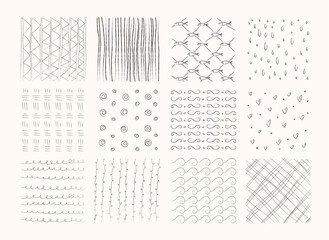 Set of hand-drawn patterns. Vector textures,  black ink, pencil, brush. Geometric doodle shapes of spots, dots, circles, strokes, stripes, lines. Template for social media, posters, prints, doodles