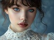 serene expression portrait in studio sapphire blue eyes delicate lace collar