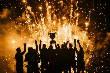 Wall Mural - Team silhouette raising trophy amid golden fireworks display