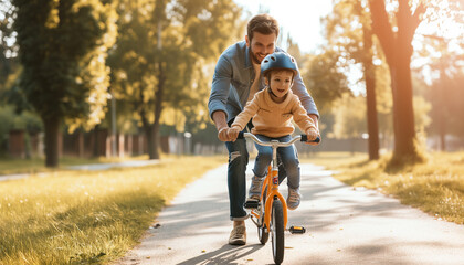 Boy learning how to ride a bike with his father