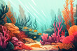 Underwater landscape poster. Oceanic background with seaweed, corals, cute fish. Ocean sea life modern flat design. Cartoon colorful illustration