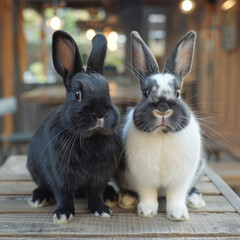 Wall Mural - Two black and white rabbits are sitting on a wooden table. They are looking at the camera with their ears up