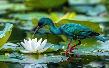 Wall Mural - A blue water bird with a green body, walking on the lily pad in shallow waters of an Indian lake