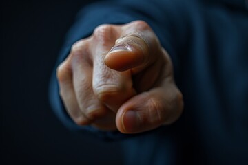 close-up of a human hand pointing directly at the viewer creating a sense of accusation or selection