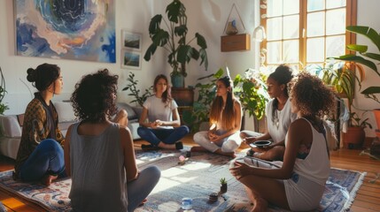 A group of women gathered on a rug in a living room for a therapy session