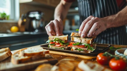 Wall Mural - A mans hands assembling sandwiches on a cutting board in a kitchen setting
