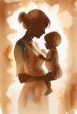 Fototapeta  - Mom and child, beautiful watercolor drawing, silhouette. Mother's Day concept, template, poster, greeting card.