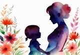 Fototapeta  - Mom and child, beautiful watercolor drawing, silhouette. Mother's Day concept, template, poster, greeting card.
