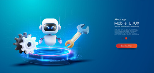 Poster - Futuristic 3D bot Service Robot with Tools on Digital Platform. A friendly robot with a wrench and gears on a glowing cybernetic platform, symbolizing AI and automation in technology services.  