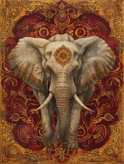 Graceful elephant on ornate paisley background, elaborate designs, rich burgundy and gold, closeup