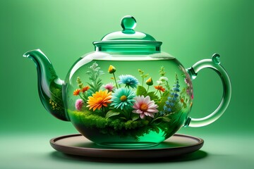 Canvas Print - flower tea in a glass teapot on a green background