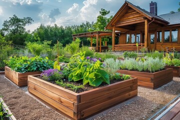 Wooden raised garden beds with growing plants, herbs, vegetables, and flowers in rural countryside