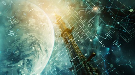 Leinwandbilder - A computer generated image of a planet with a tower in the sky. The tower is surrounded by a network of lines and dots. The image has a futuristic and technological feel to it