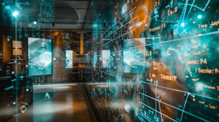 Fototapete - A room packed with a multitude of electronic screens displaying various data, graphs, and information. The screens are illuminated, providing a futuristic and technologically advanced atmosphere.