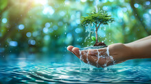 Forest Big Rain Tree Arbor Planting On Blue Aqua World On Women's Human Hand: Water Drop Running From Faucet Tap: Saving Aqua Reforestation Conceptual Csr Esg Idea
