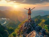 Fototapeta Góry - Solo Female Hiker Conquering Mountain Summit at Sunrise/Sunset - Inspirational Outdoor Adventure Travel Landscape Photography