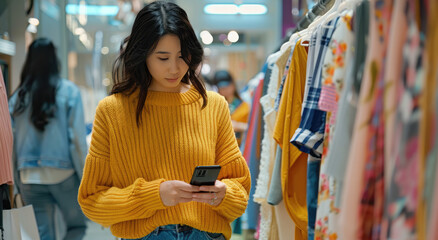 Wall Mural - A woman is standing in front of the rack, holding her phone and reading something on it while looking at