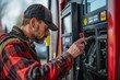 A man wearing a plaid shirt and cap is using a gas pump. He is holding a fuel card and inserting it into the payment terminal