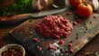 Freshly chopped raw ground beef meat spread out on a dark wooden cutting board