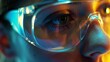A close-up view of a person wearing glasses with reflections of microscope light on the lenses