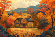 An Idyllic Illustration Of A Home Nestled In A Rich Tapestry Of Autumn Foliage Under A Soft, Golden Sky.