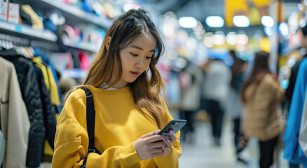 Wall Mural - A woman is standing in front of the rack, holding her phone and reading something on it while looking at