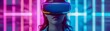 Woman in VR headset with immersive neon graphics.