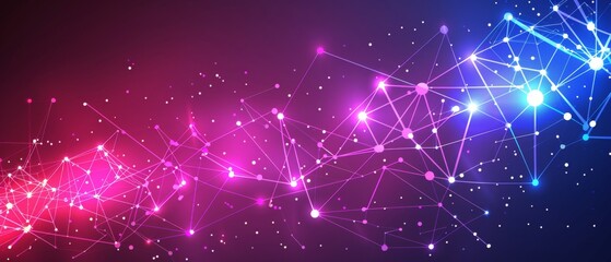 Poster - Data transfer technology concept wallpaper texture background banner illustration - Abstract futuristic backdrop webdesign with blue pink purple grid mesh pattern, neon lines