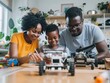Joyful Family Assembling Robot Toy Together, Quality Bonding Time in Cozy Home Setting - Stock Image